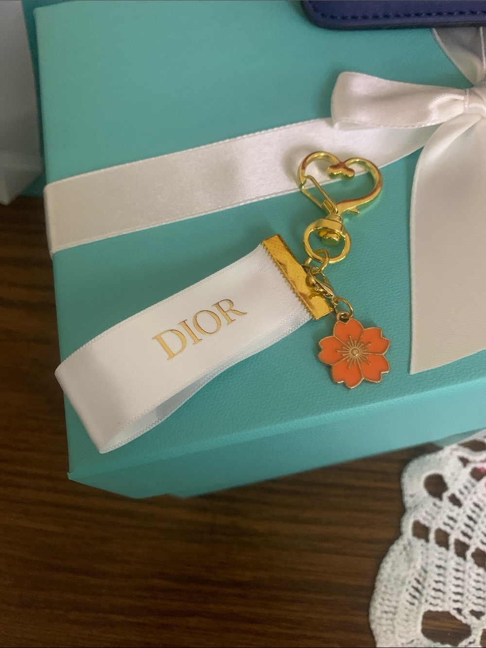 Dior White Satin Ribbon Key Charm with Orange Flower and Gold Hardware